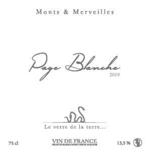 Étiquette de vin blanc Page Blanche 2019 produite par le domaine Monts & Merveilles