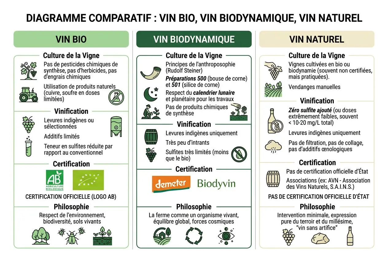 Diagramme comparatif: vin bio, vin biodynamique, vin naturel, vin bio en premier plan avec étiquettes et pictogrammes explicatifs.