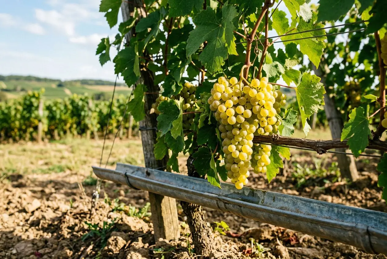 Raisin blanc mûr dans un vignoble, grappes près d’un support, en plein air sous un ciel bleu, vin bio c est quoi.