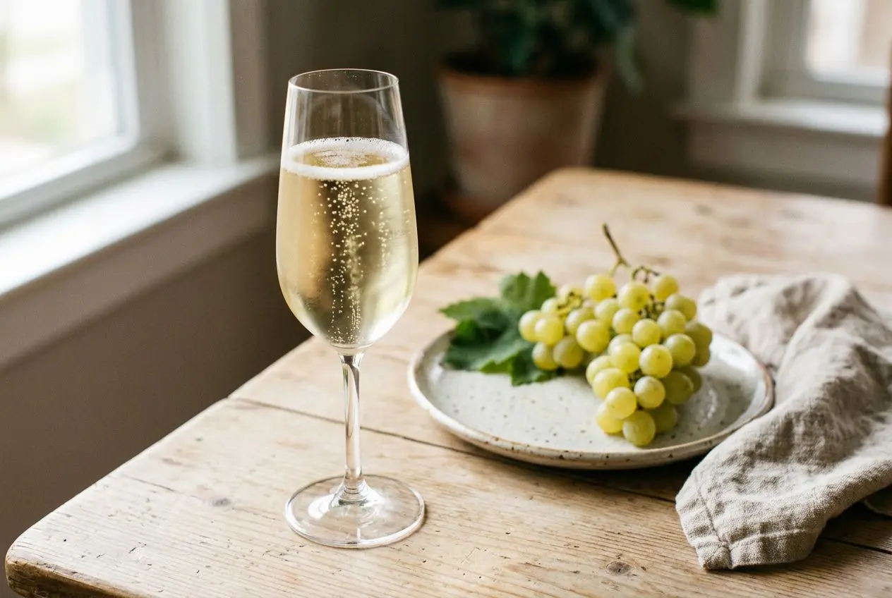 Verre de champagne et grappe de raisin sur une table en bois, rafraîchissant et lumineux. Sulfites et foie aspe? (intégration naturelle du mot-clé: sulfites et foie)