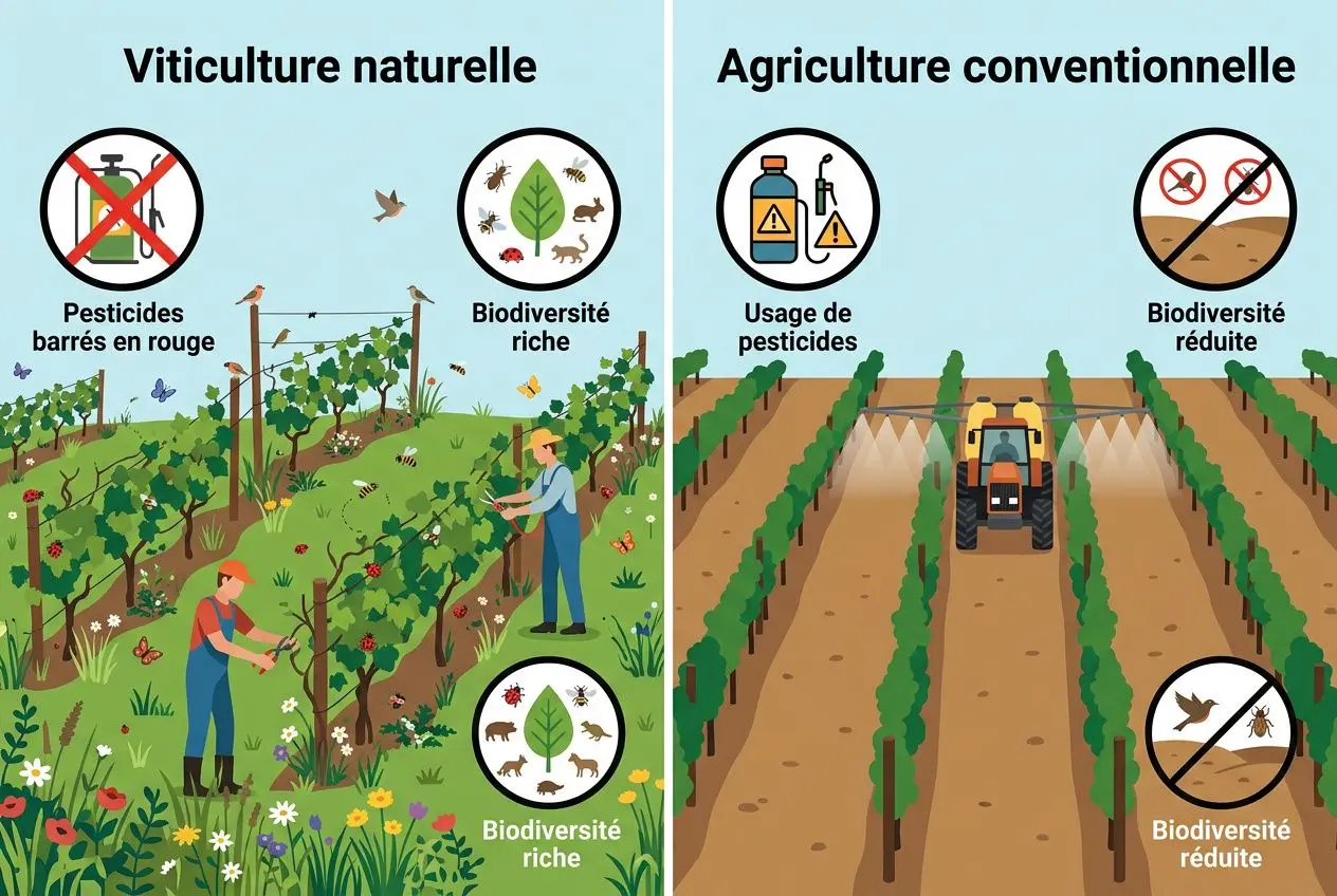 Différence vin naturel et vin biologique : illustration comparant viticulture naturelle et agriculture conventionnelle avec biodiversité, pesticides et pratiques.