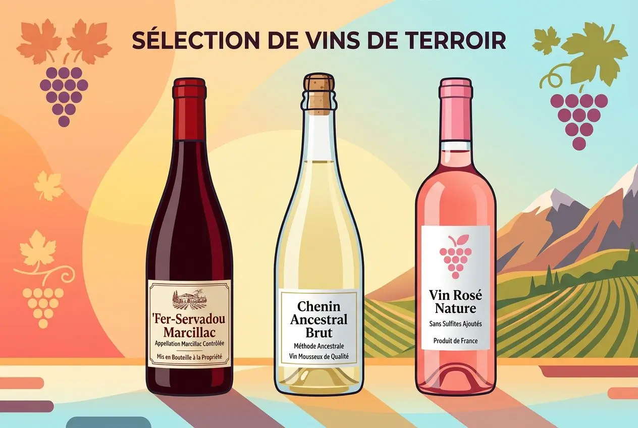 Sélection de vins de terroir avec trois bouteilles (rouge et deux vins blancs/rosé) au paysage viticole coloré, évoquant vin naturel et terroir. différe…? diffèrence vin naturel et vin biologique intégrée?