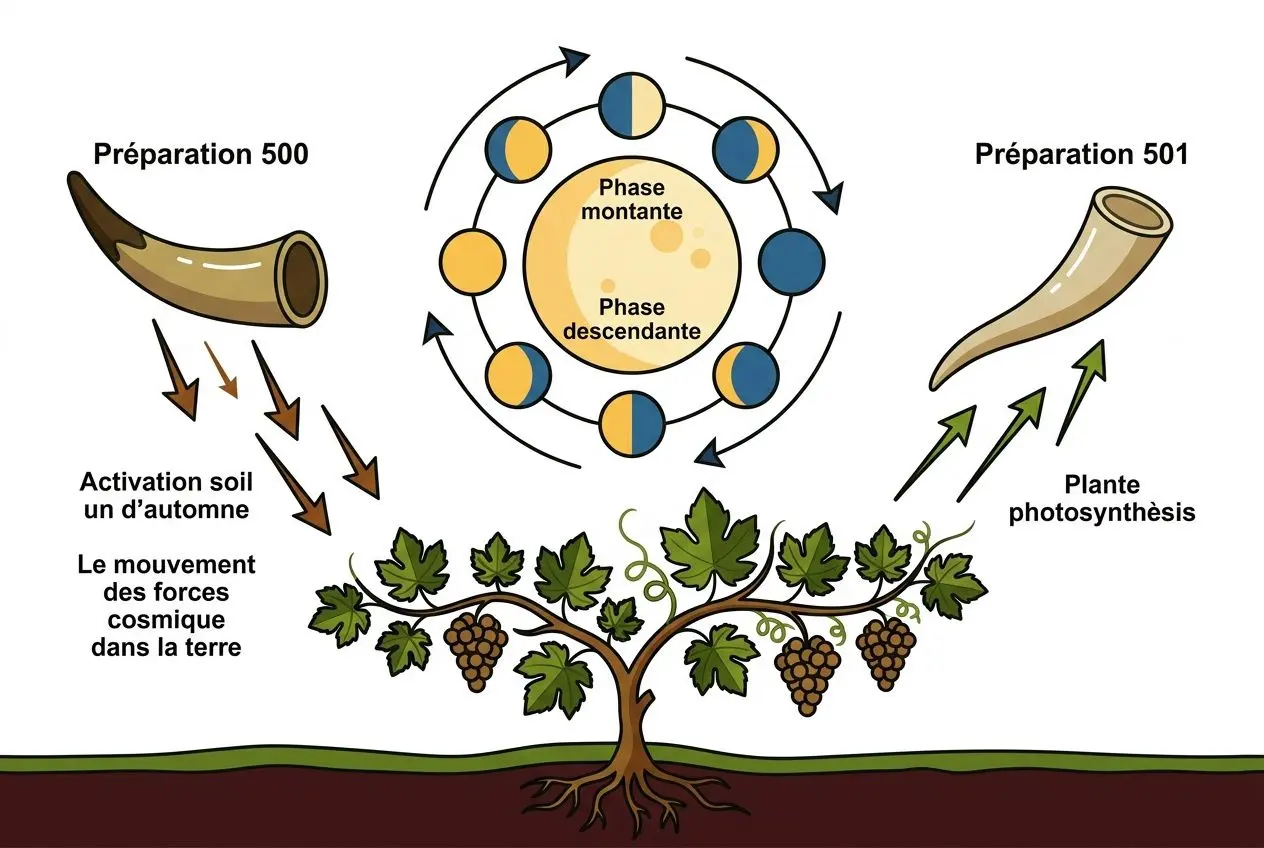 Différence vin bio et vin naturel : schéma de cycle de vie de la vigne et de la plante avec grappes, phases et mouvement cosmique.